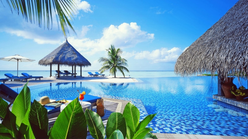 maldives, resort town, lagoon, sky, swimming pool, leisure, 4K, real estate, sea, tourism, tropics, palm tree, resort, arecales, caribbean, landaa giraavaru