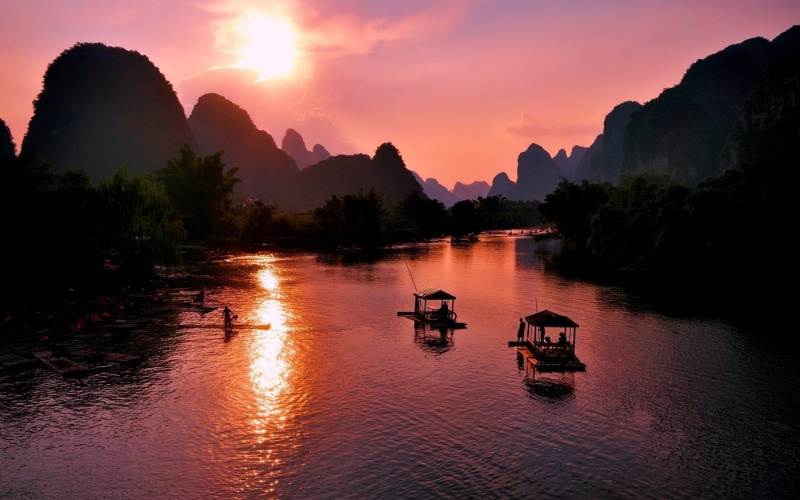 1080P, Yangshuo, Boats, Guilin, Beautiful, Landscape, China, Sunset, River, Mountains