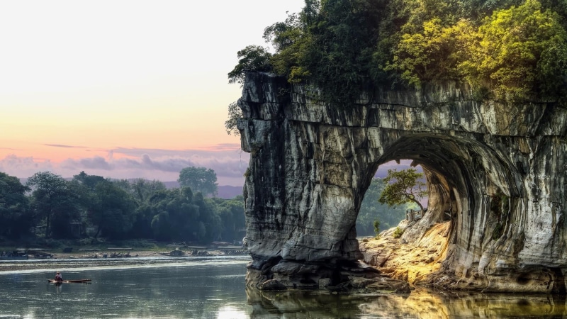 scenics - nature, arch, china, waterfront, nature, rock, sunset, plant, growth, no people, beauty in nature, hill, river, water, guangxi, idyllic, elephant trunk hill