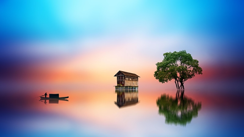 li jiang, lone tree, horizon, china, boat, nature, water, fantasy art, fantasy, evening, 4K, rowing boat, guangxi, bungalow, guilin, lonely tree, sky