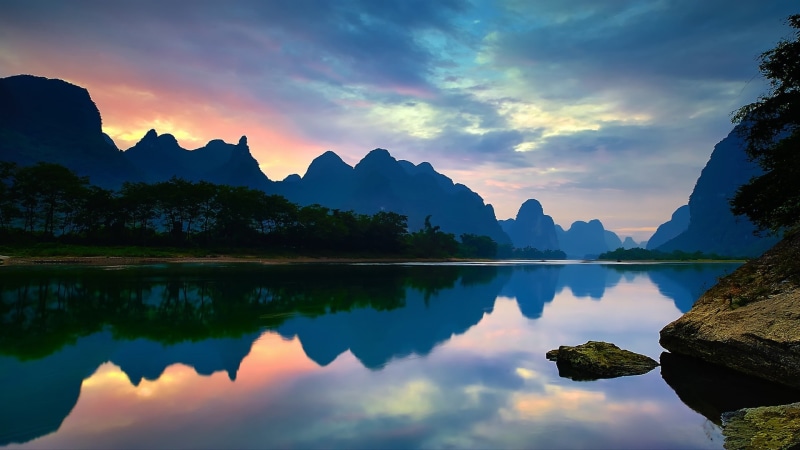 Guangxi, Lijiang, 1080P, Yangshuo, Sunset, Mountains, River, China, Water, Reflection