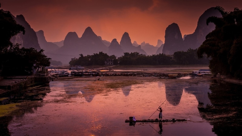 waterfront, li river, yangshuo, china, outdoors, river, travel destinations, mountain, scenics - nature, travel, reflection, guilin, morning, tranquility