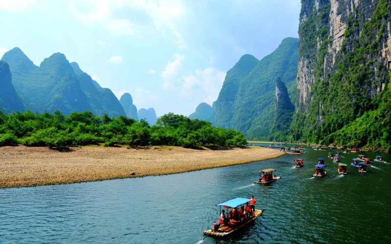 formation, passenger, mountain range, tranquil scene, plant, scenics - nature, mountains, Li River, non-urban scene, cruising, nature, idyllic, mountain