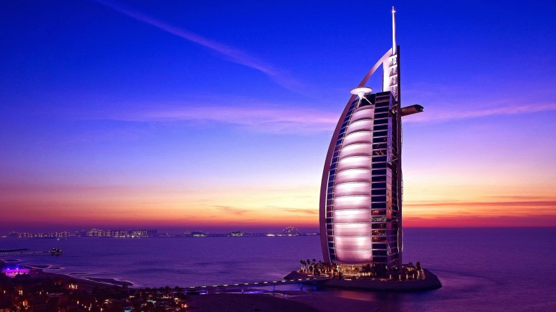 night, twilight, no people, artificial island, 4K, purple, united arab emirates, sea, built structure, cityscape, sunset, blue, sky, building, bay, asia