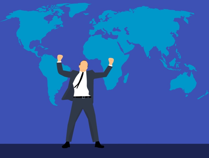 well-dressed, happy, blue background, male, front view, person, teamwork, nature, studio shot, corporate business, powerful, standing, hand, screen, business person