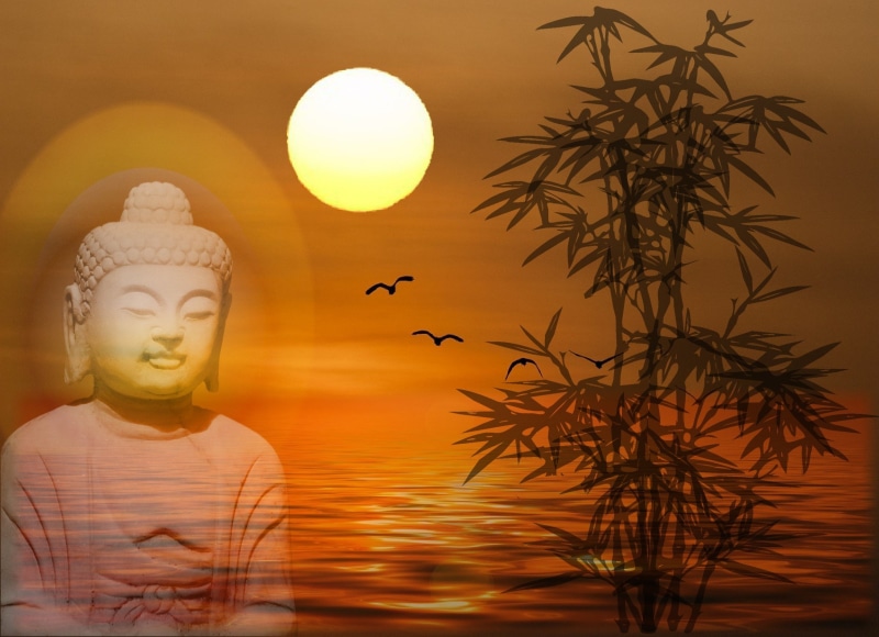 deity, gautama, buddhism, fernöstlich, silhouette, religion, meditation, gold, built structure, believe, thailand, belief, orange, sunset, 1080P, tree