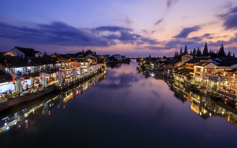 waterfront, dusk, city, architecture, nautical vessel, tourism, china, wuzhen, cloud - sky, night, built structure, illuminated, sky, building, building exterior