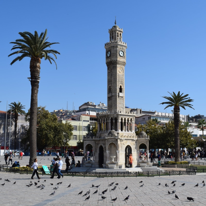 palm tree, turkey, timepiece, real people, large group of people, building exterior, sky, crowd, pigeons, tree, tourism, building, religion, plant, izmir