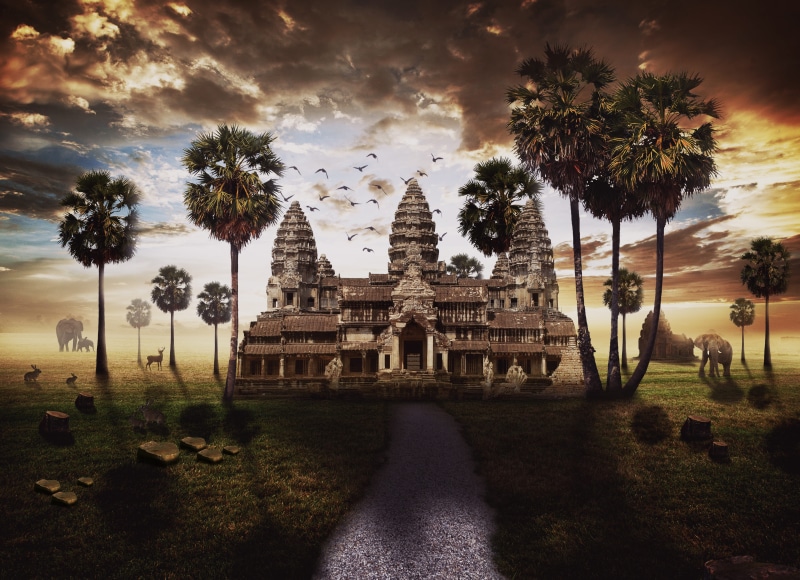 no people, building, sky, religion, the past, nature, history, cambodia, cloud - sky, khmer, 5K, tree, asia, land, building exterior, grass, built structure