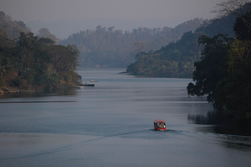 land vehicle, motor vehicle, nature, passenger craft, fog, mountain, 5K, motion, rangamati, mountains, sea, river, mode of transportation, sailing, outdoors