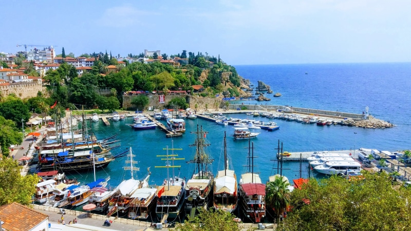 castle, turkey, scenics - nature, moored, date, high angle view, nautical vessel, marine, tourism, 4K, blue, outdoors, sailboat, yacht, port, no people