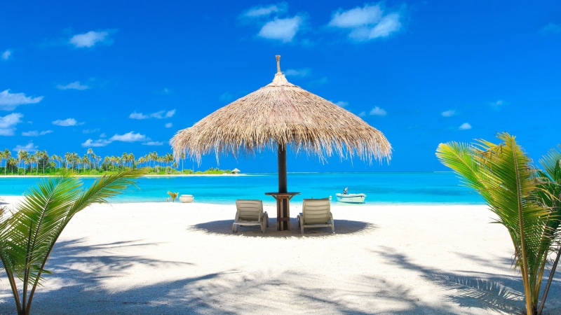 aruba, 4K, sand, summer, vacation, parasol, sunbed, relax, exotic, sky, palapa, beach, blue sky, sandy beach, summer time