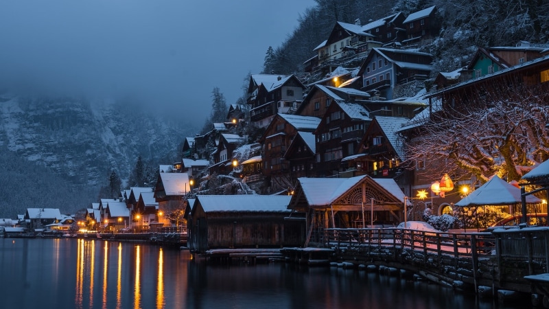 mountain lake, town, hallstattersee, europe, lake, salzkammergut, wintertime, austria, lake hallstatt, eu, winter season, snow, mountain, houses, hallstättersee