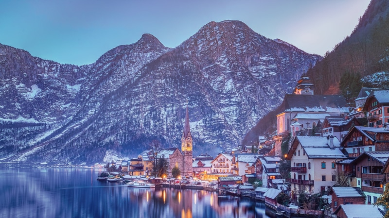 gray, sky, snowcapped mountain, lake, reflection, beauty in nature, plant, built structure, Alps, mountains, Austria, Hallstatt, winter, building, nature
