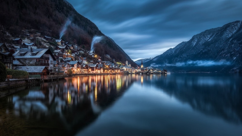 no people, mountain range, salzkammergut, hallstatt, tranquil scene, evening, wintertime, beauty in nature, architecture, austria, europe, 1080P, sky