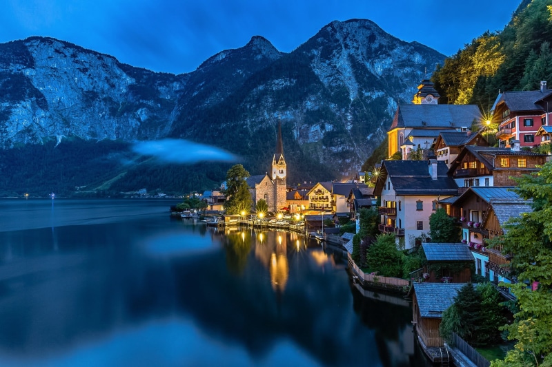building Exterior, hallstatter See, Hallstatt, the evening, lake, nature, mountain range, european Alps, house, Austria, cultures, illuminated, medieval