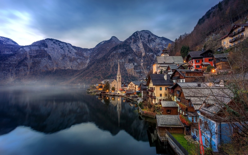Hallstatt, the mountains, the lake, landscape, houses, reflection, the Alps, 2K, Austria Hallstatt lake, lake, austria