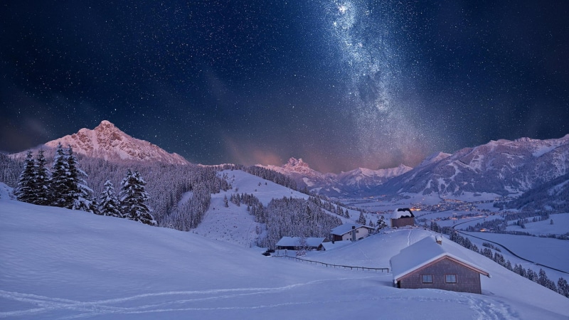 tyrol, 1080P, europe, winter, starry sky, starry night, village, night, sky, stars, milky way, night sky, mountain, snow, alps, austria, mountain village