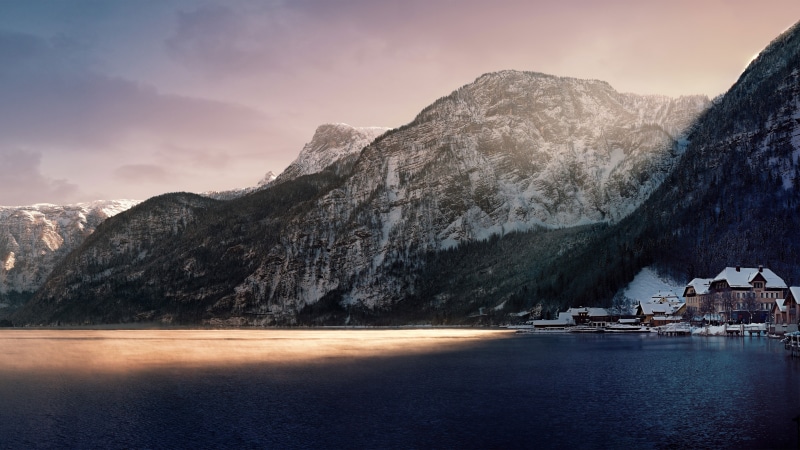 salzkammergut, nature, lake hallstatt, snow, mountain, winter, austria, loch, hallstatt, mountain lake, europe, hallstattersee, 5K, lake
