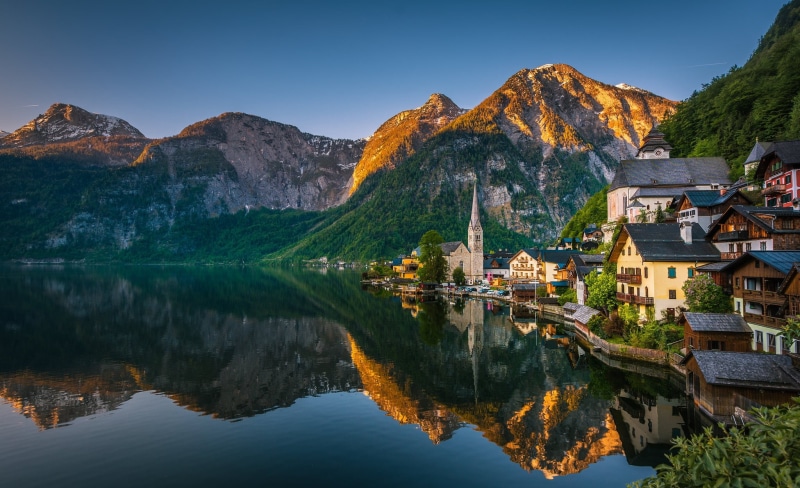 building, 1080P, Lake Hallstatt, Hallstatt, lake, home, Alps, Austria, reflection, town, mountains