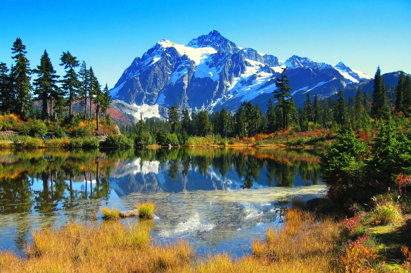 sky, forest  lake, scenics, mountain Peak, magic, wa, natural park, landscape, USA, water, modification, 2K, crop, summer, travel, lake, blue, autumn  mountain