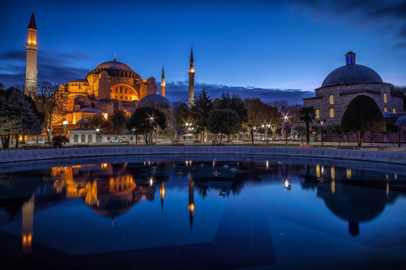 ayasofya, architecture, City, night, mosque, istanbul, 1080P, hagia sophia, reflection