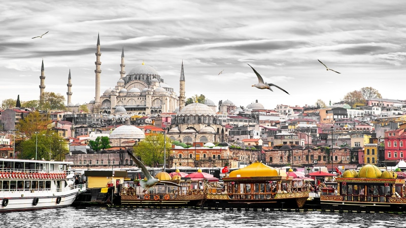 boat, seagull, river, bosphorus, ship, sky, istanbul, cityscape, harbor, watercraft, 4K, water, turkey, city, bird, skyline, mosque, seagulls, tourism