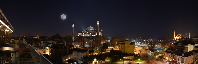 nature, sky, moon, cami, lights, istanbul, travel, cityscape, turkey, townscape, built structure, religion, dark, outdoors, 8K, full, month, full moon