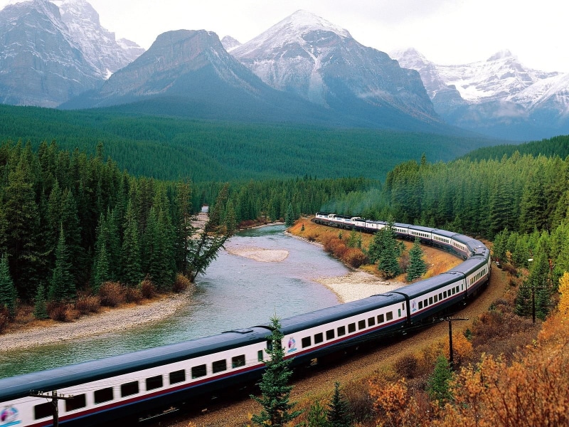 idyllic, mountain, mountains, forest, transportation, Canada, green color, day, train, trees, water, railway, non-urban scene, landscape, tranquility, river