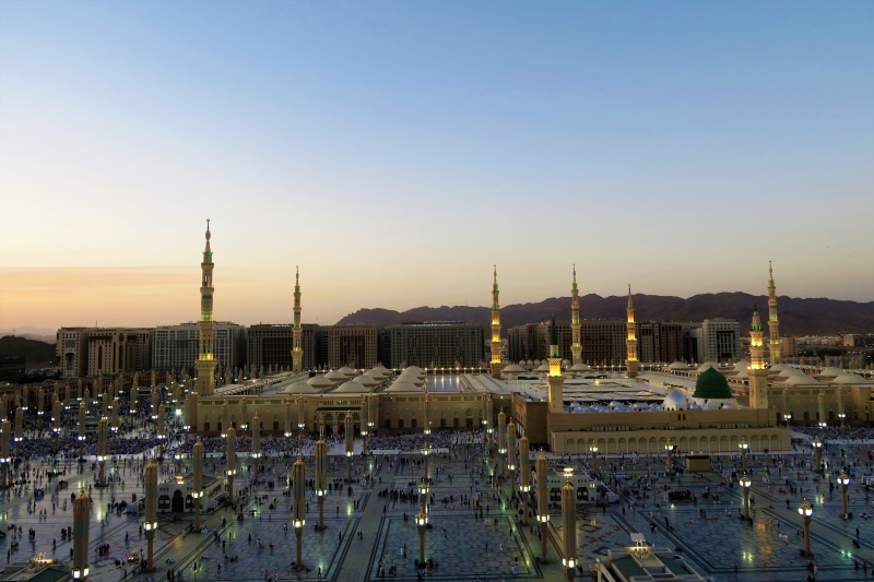 sky, sunset, islam, cityscape, tourism, travel, no people, religion, 5K, office building exterior, minaret, architecture, al madinah al munawwara, muslim