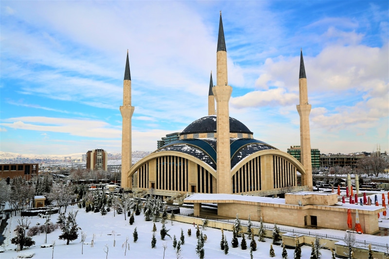 built structure, building, turkey, islam, spire, outdoors, day, belief, architectural column, snow, cloud - sky, architecture, winter, travel destinations