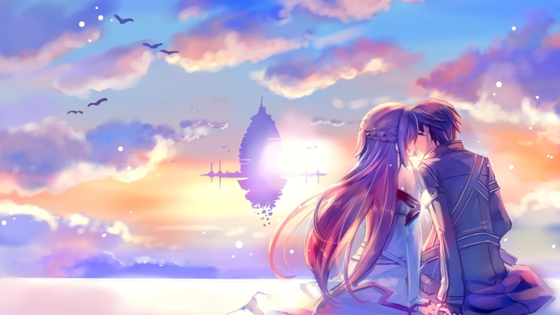kissing, building exterior, sunlight, back, couple, emotion, Yuuki Asuna, 1080P, anime girls, outdoors, adult, real people, lifestyles, cloud - sky, nature