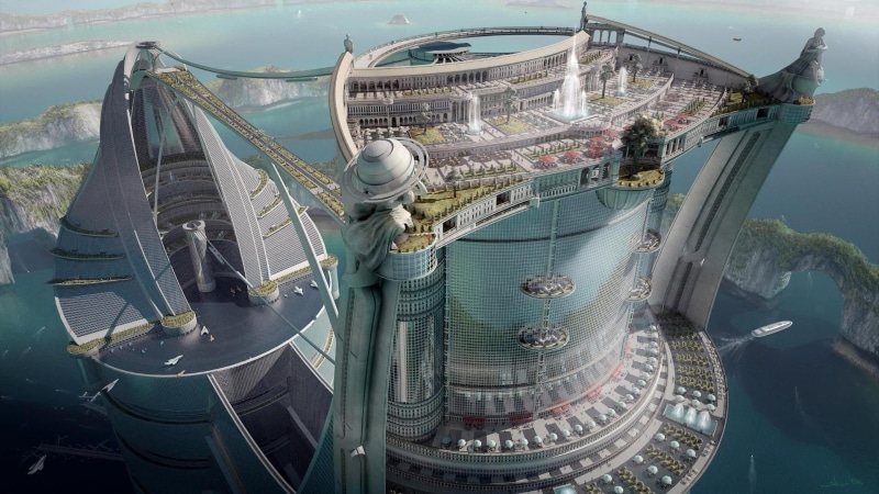 1080P, high angle view, science fiction, gray, travel destinations, nature, futuristic city, day, moored, no people, architecture, water, office building exterior
