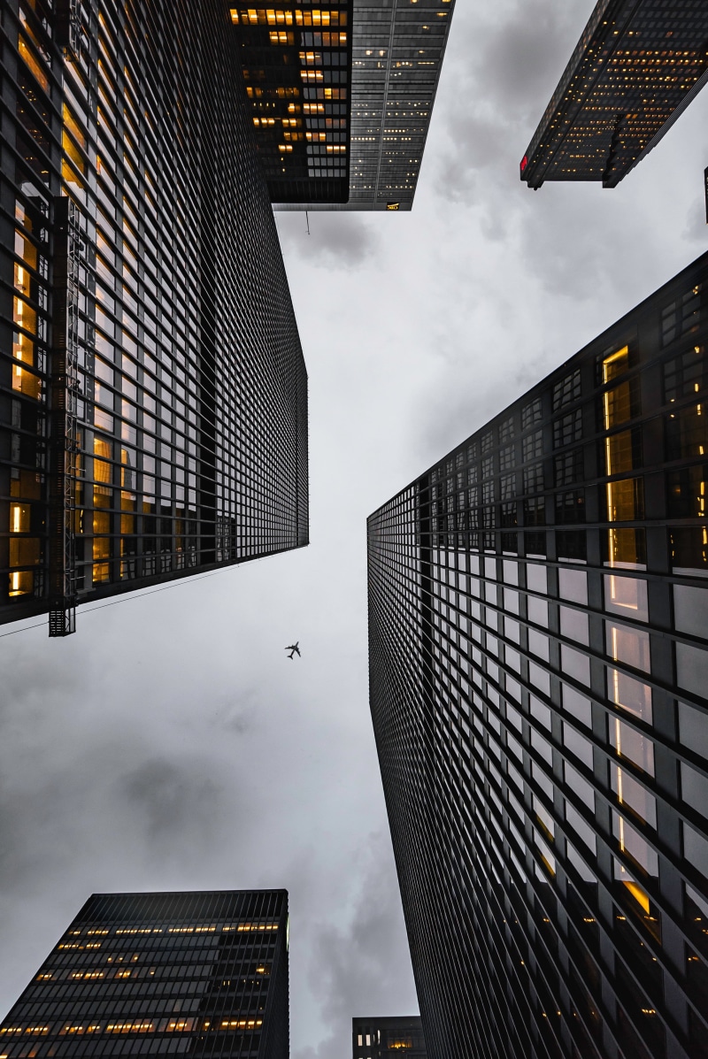 downtown District, outdoors, night, vanishing Point, low angle view, city, blue, nature, airplane, bottom view, tower, dusk, steel, apartment, backgrounds