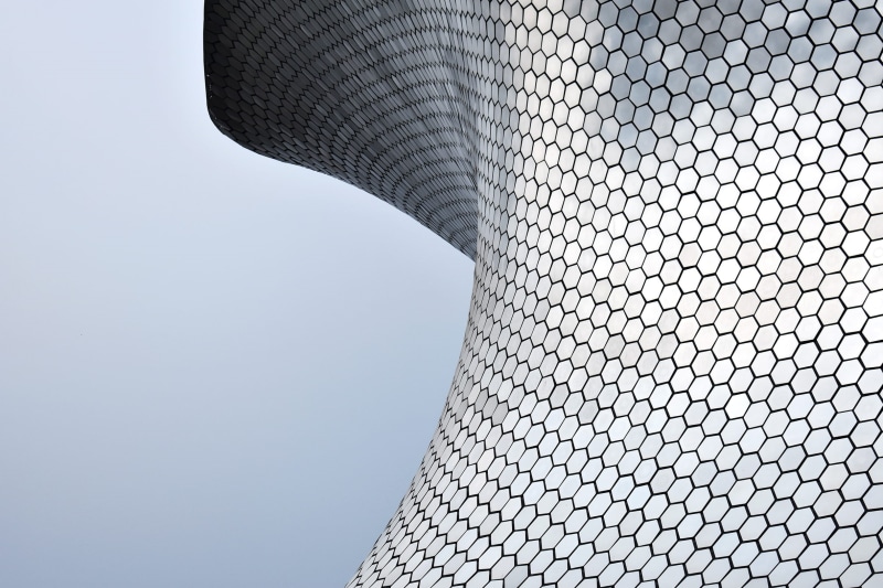 museo, day, office, tall - high, build, curve, built structure, directly below, city, steel, soumaya, outdoors, modern, pattern, tower, hexagon, skyscraper