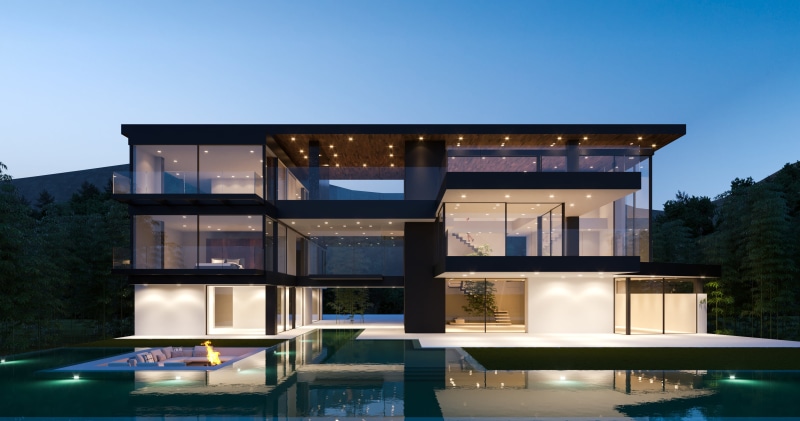city, modern, architecture, building, tree, glass - material, illuminated, 4K, water, sky, blue, luxury, building exterior, night, reflection, plant, swimming pool