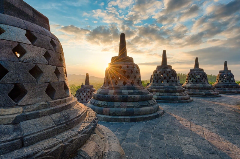 nature, the evening, stone material, built structure, travel destinations, the temple complex, island, the past, spirituality, stupa, sky, rays, religion