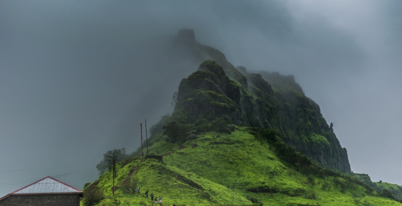 non-urban scene, mountain peak, no people, scenics - nature, trek, nature, rain, tranquil scene, tranquility, rock - object, green color, beauty in nature