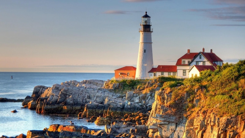 sunset, tower, history, guidance, building exterior, rocky, scenics - nature, built structure, coast, no people, lighthouse, fort williams, beauty in nature