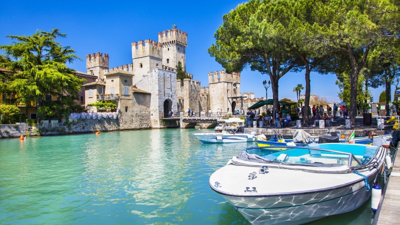 plant, moored, transportation, mode of transportation, 4K, tree, lombardy, boat, leisure, water, nautical vessel, medieval castle, italy, lake garda, the past