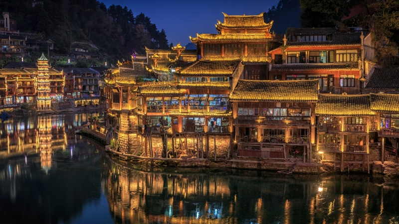 travel destinations, illuminated, historic site, hunan, china, fenghuang, sky, phoenix ancient town, religion, evening, tourism, city, built structure