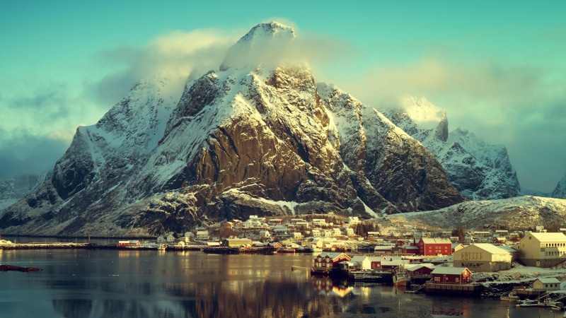 mountainous landforms, landscape, lofoten, reflection, winter, 4K, reine fjord, nature, mount scenery, fjord, europe, sky, mountain range, village, peak