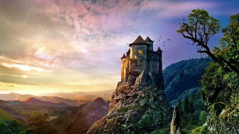 hill, building exterior, sunlight, scenics - nature, history, cloud - sky, rock, built structure, castle, nature, forest, landscape, birds, mountains, outdoors