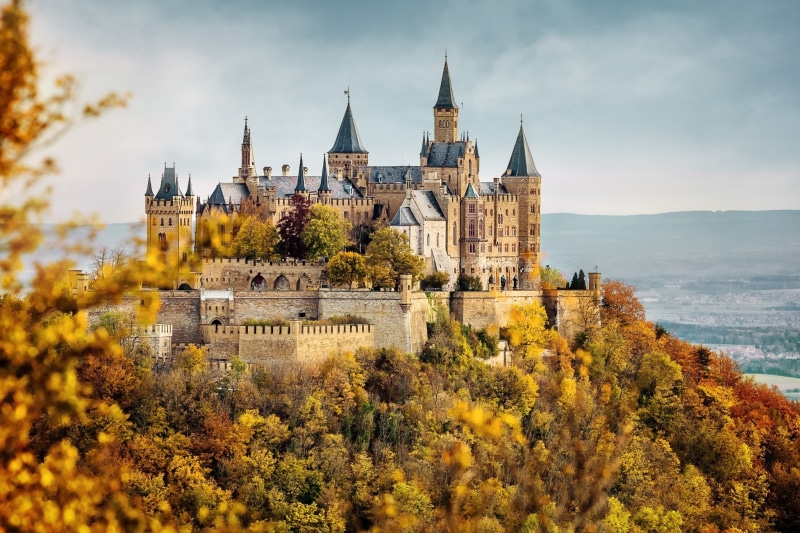 1080P, walls, nature, architecture, clouds, landscape, Hill, forest, building, tower, castle, Germany, Trees, leaves, Burg Hohenzollern, Fall