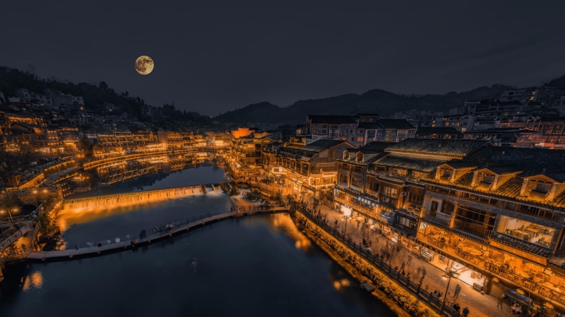 full moon, 4K, ancient city, city lights, ancient town, fenghuang, hunan, asia, cityscape, night, china, phoenix ancient town, moon