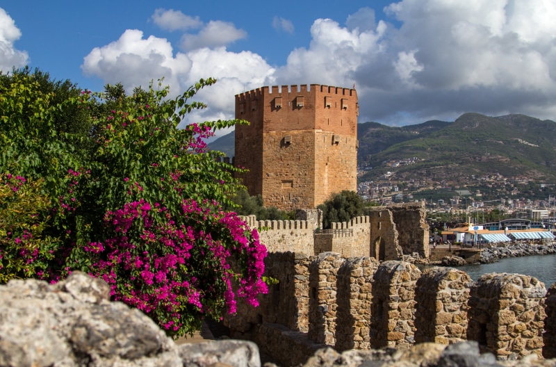 history, holiday, ancient, sea, tourism, fort, cultures, built structure, sky, nature, turkish riviera, flowering plant, red tower, old, cloud - sky, stone Material