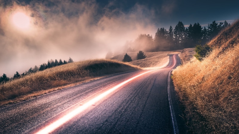 beauty in nature, trees, mist, hills, gray, the way forward, outdoors, transportation, 1080P, direction, landscape, forest, scenics - nature, photo manipulation