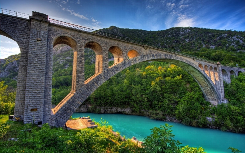 architecture, arch, plant, turquoise, connection, 1080P, viaduct, blue, nature, tree, bridge, river, landscape, day, bridge - man made structure, sky