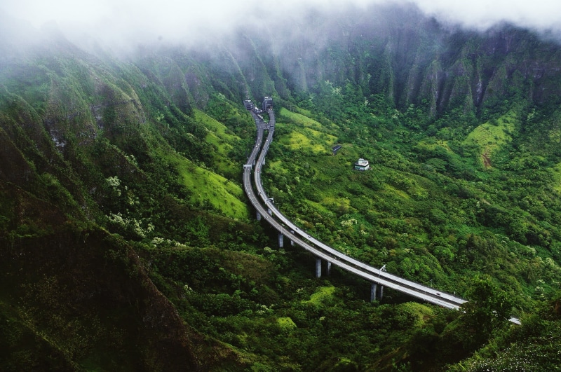 green color, tranquility, road, trees, transportation, 1080P, outdoors, growth, non-urban scene, winding road, landscape, valley, birds eye view, land
