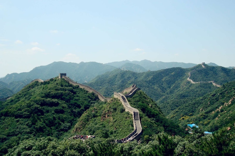 tranquil scene, great wall of china, landscape, green color, nature, scenics - nature, tree, day, non-urban scene, plant, ancient civilization, no people